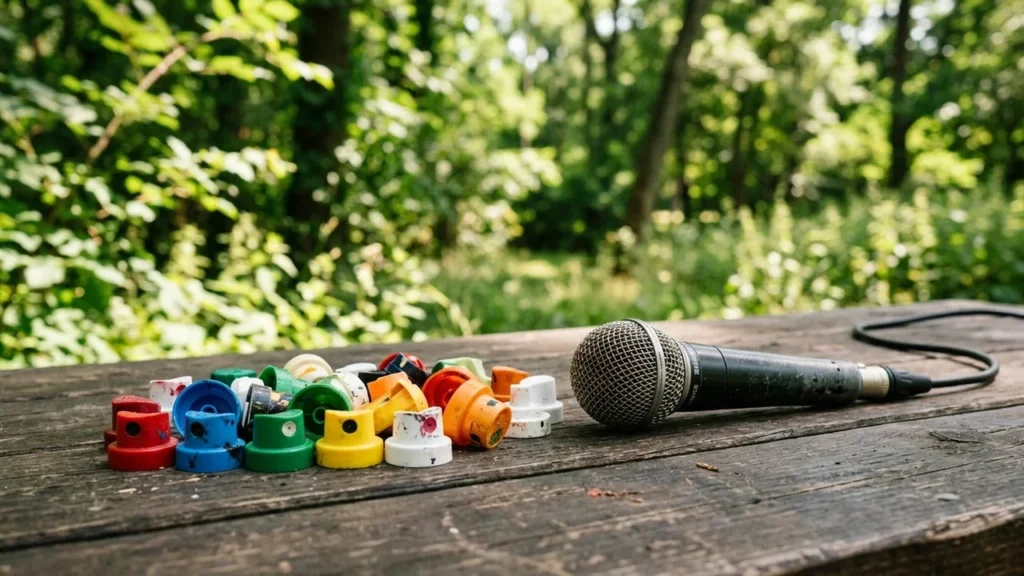 Un microphone et des embouts de bombes aérosols colorés sur une table en bois.
