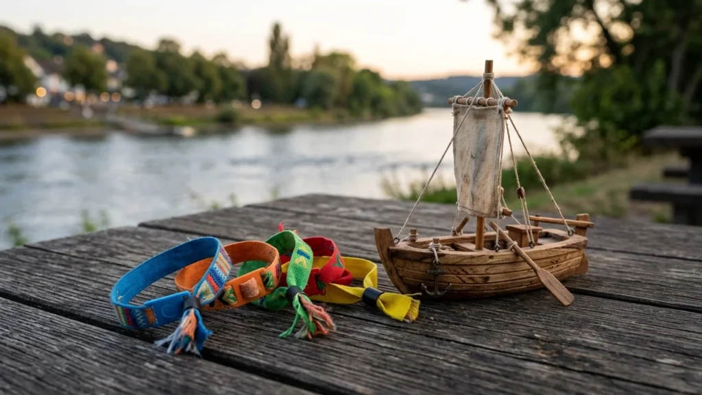 Plusieurs bracelets colorés et une maquette de bateau en bois sur une table extérieure.