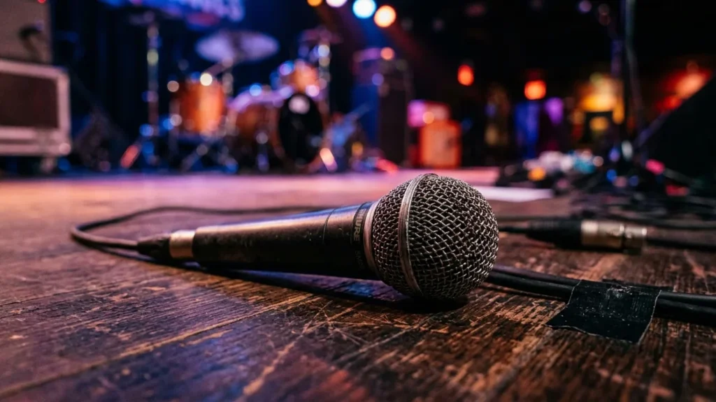 Un microphone noir posé sur une scène en bois devant une batterie floue.