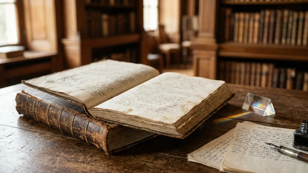 Un vieux livre ouvert sur une table en bois dans une bibliothèque ancienne éclairée.