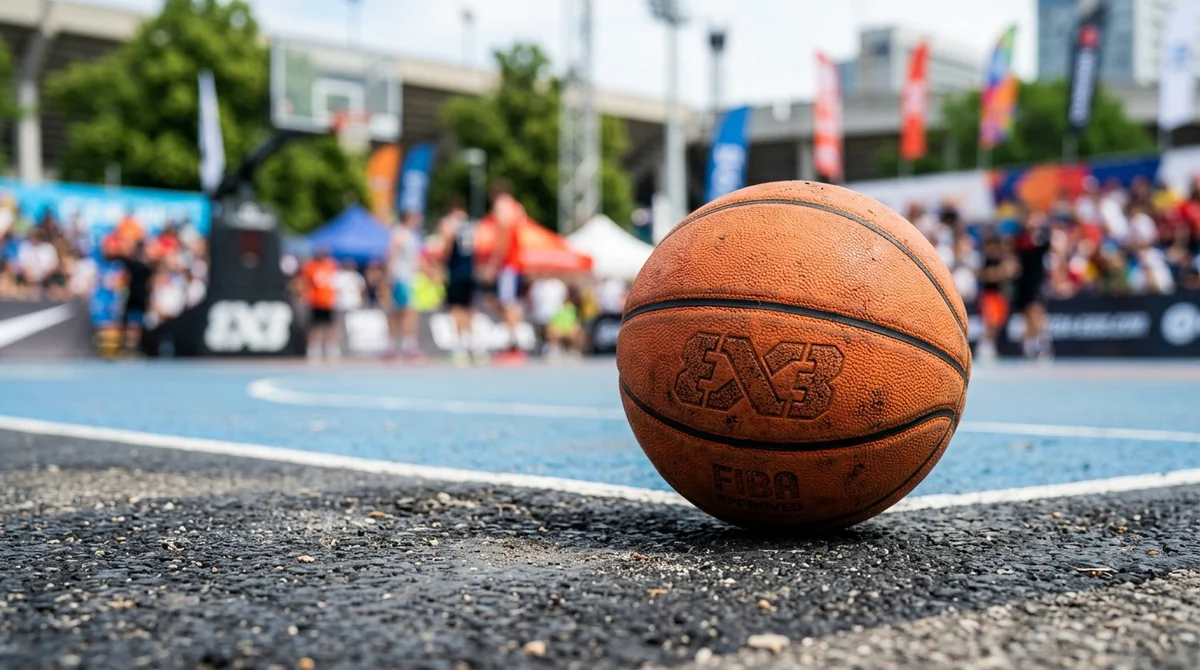 Un ballon de basket 3x3 posé sur le terrain bleu d'un tournoi urbain extérieur.