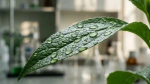 Gros plan d'une feuille verte couverte de gouttelettes d'eau dans un laboratoire scientifique flou.