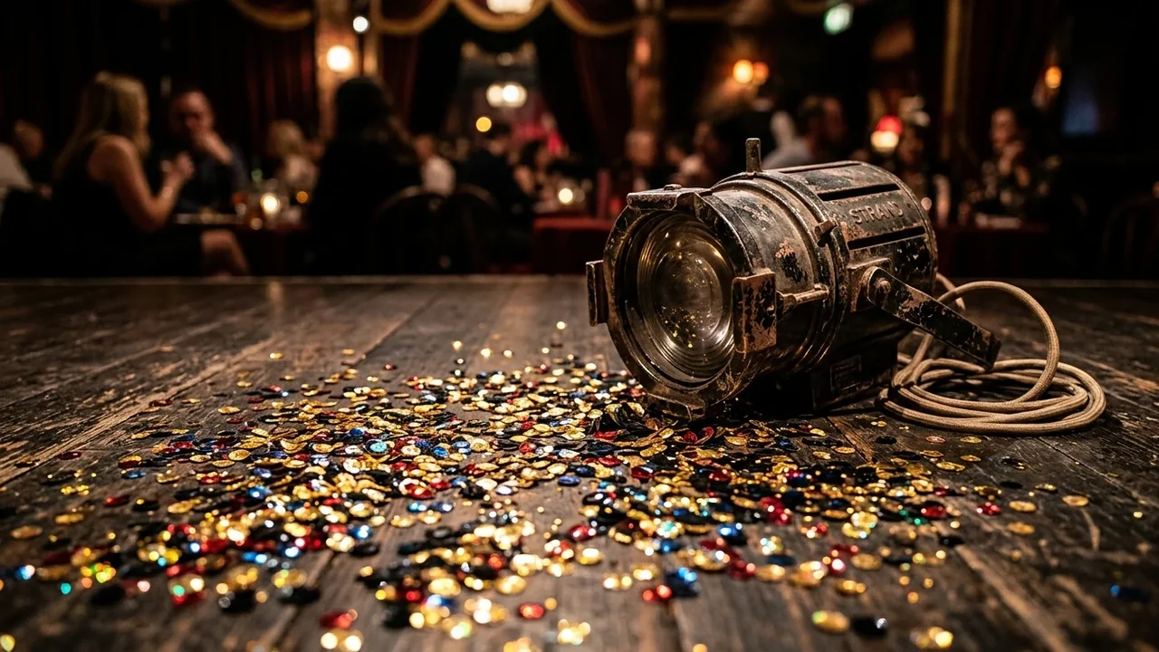 Un vieux projecteur de scène vintage posé sur un plancher en bois couvert de confettis.