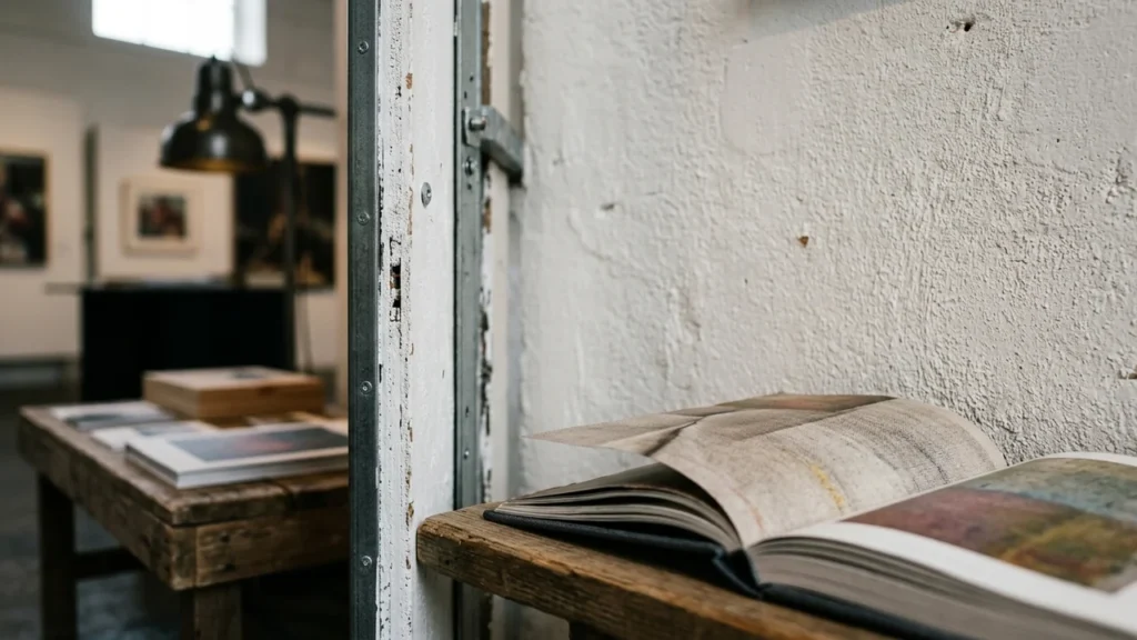 Un livre ouvert posé sur une étagère en bois devant un mur blanc texturé.