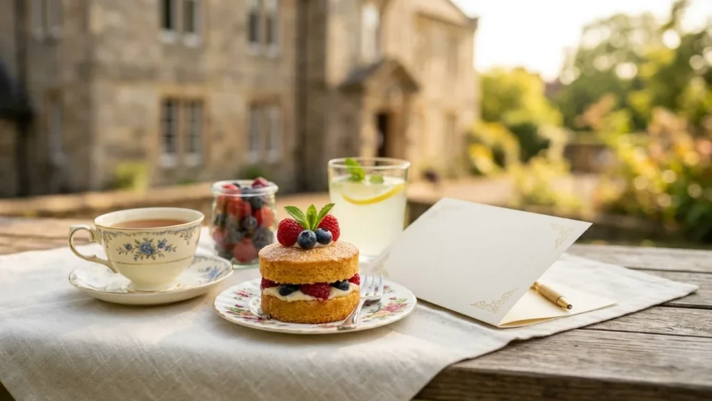 Un gâteau aux fruits rouges, une tasse de thé et une lettre sur une table.
