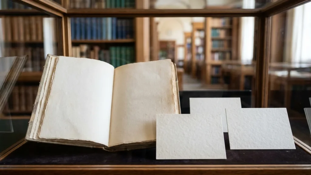 Un vieux livre ouvert exposé sous vitrine dans une bibliothèque aux rayonnages en bois.