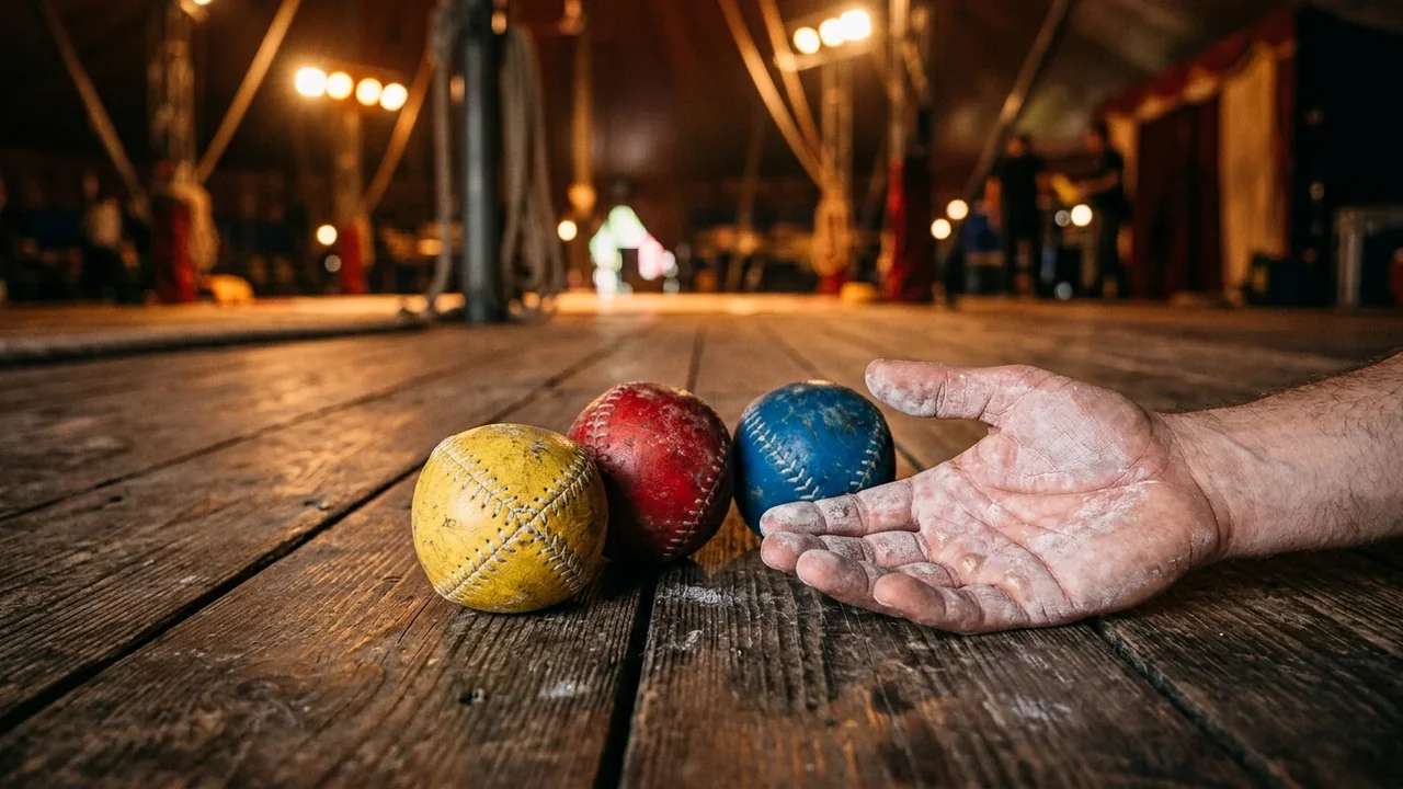 Une main couverte de magnésie près de trois balles de jonglage sur un plancher en bois.