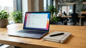 Un ordinateur portable ouvert sur un bureau en bois, accompagné d'un carnet et d'un stylo.