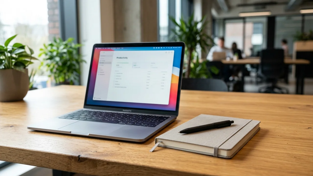 Un ordinateur portable ouvert sur un bureau en bois, accompagné d'un carnet et d'un stylo.