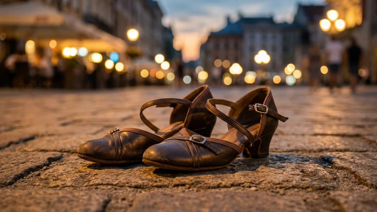 Une paire de chaussures de danse marron posée sur les pavés d'une rue urbaine.