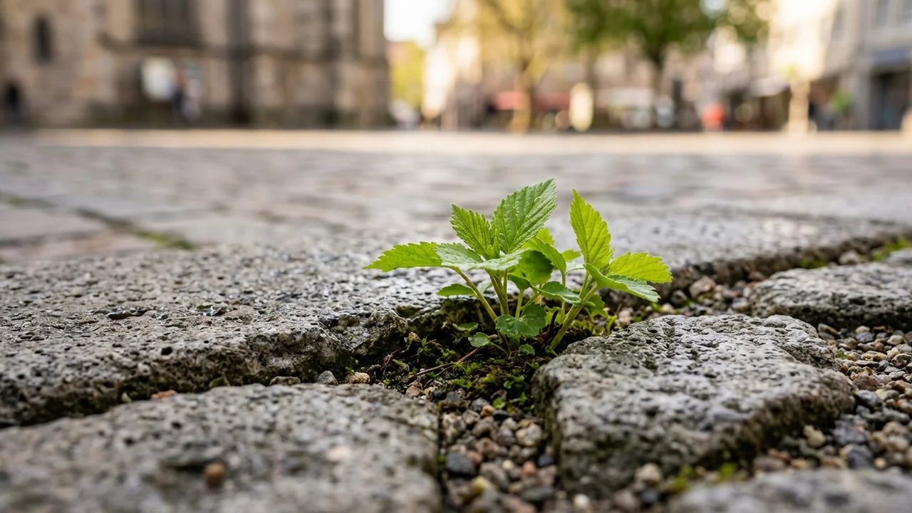 Une petite plante verte pousse entre les pavés gris d'une rue piétonne urbaine floue.