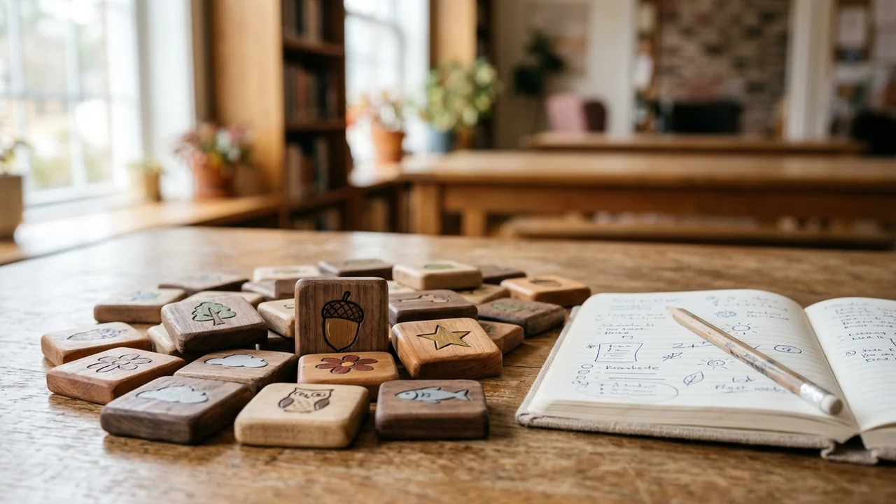Des cubes en bois gravés d'images sur une table près d'un carnet et crayon.