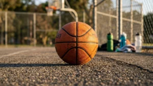 Un ballon de basket orange usé posé sur le terrain avec des bouteilles en arrière-plan.