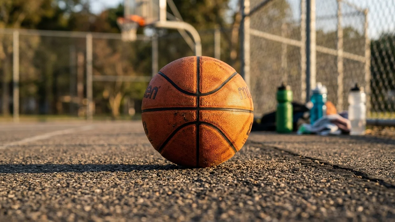Un ballon de basket orange usé posé sur le terrain avec des bouteilles en arrière-plan.