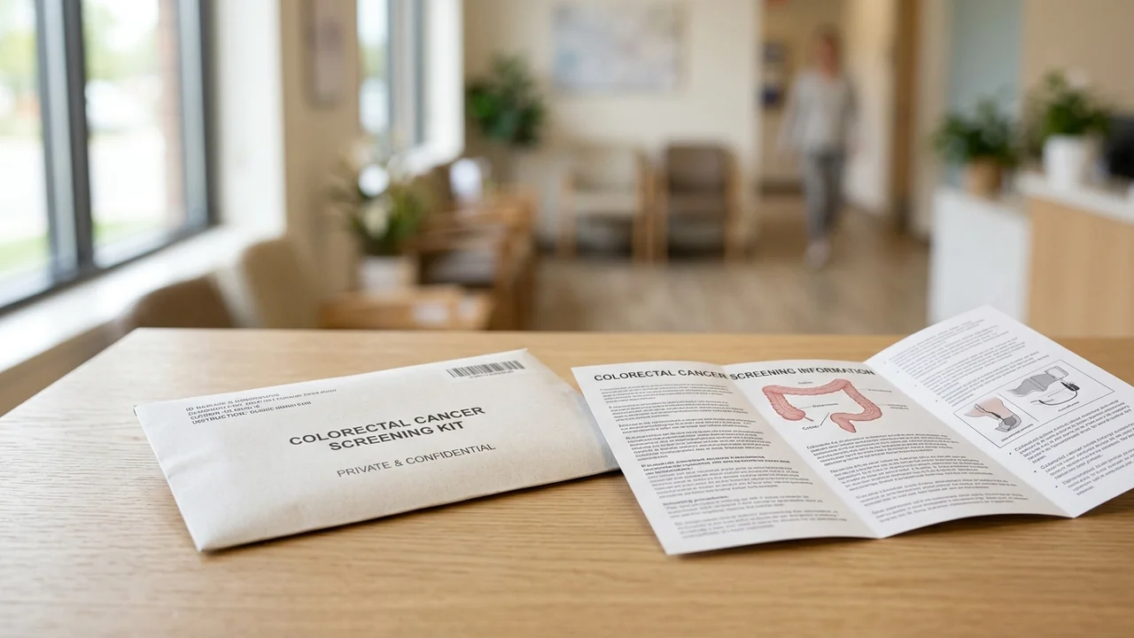 Un kit de dépistage du cancer colorectal et une brochure informative posés sur une table.