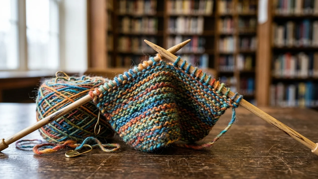 Un ouvrage en tricot multicolore sur deux aiguilles en bois avec une pelote assortie.