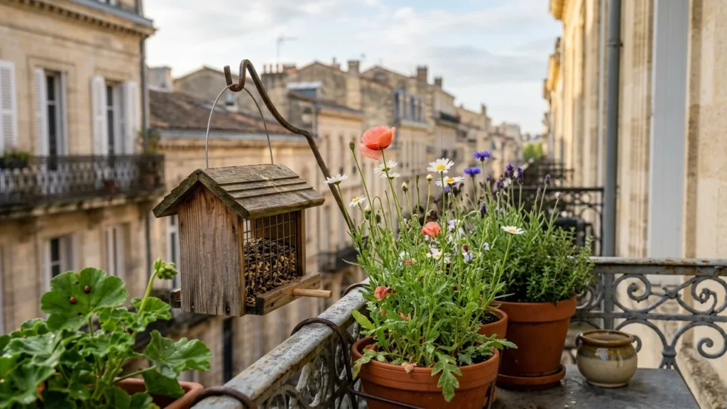 Une mangeoire en bois suspendue sur un balcon fleuri surplombant une rue urbaine historique.