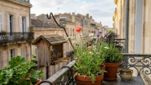 Une mangeoire en bois suspendue sur un balcon fleuri surplombant une rue urbaine historique.