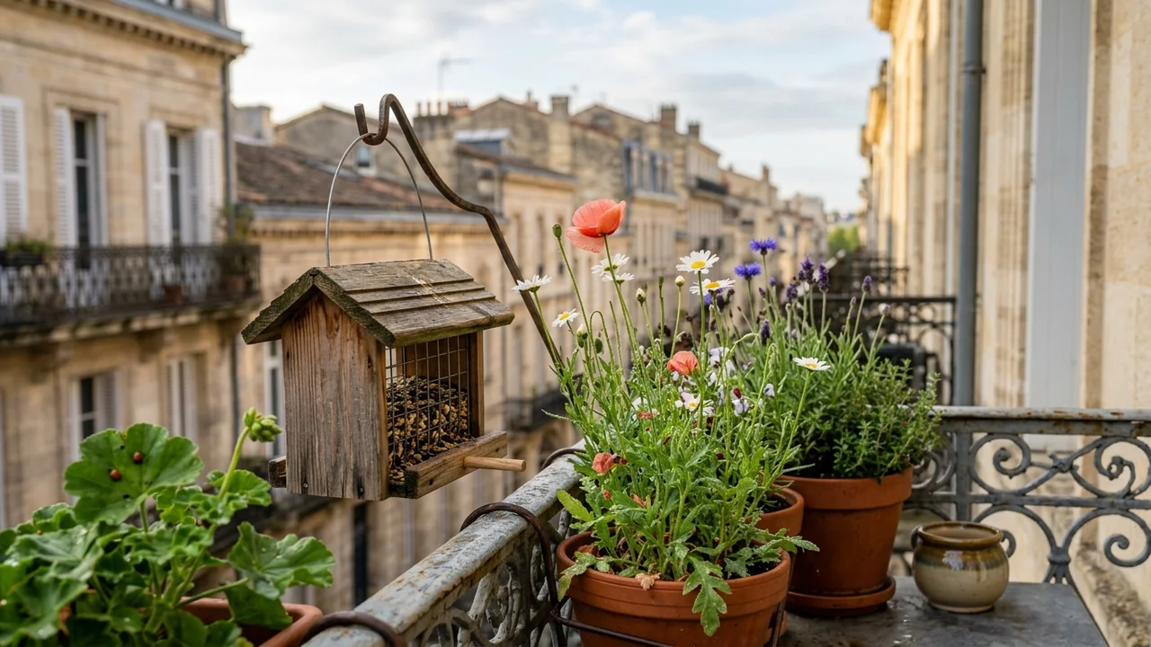 Une mangeoire en bois suspendue sur un balcon fleuri surplombant une rue urbaine historique.