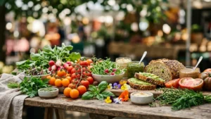 Une table en bois avec des tomates cerises, du pain complet, des herbes et légumes.