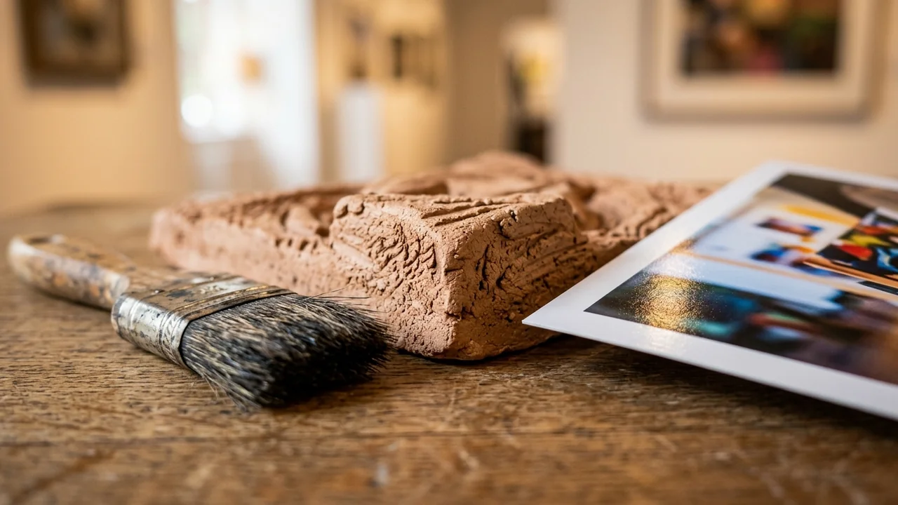 Un pinceau en bois posé près d'une sculpture en argile sur une table en bois.