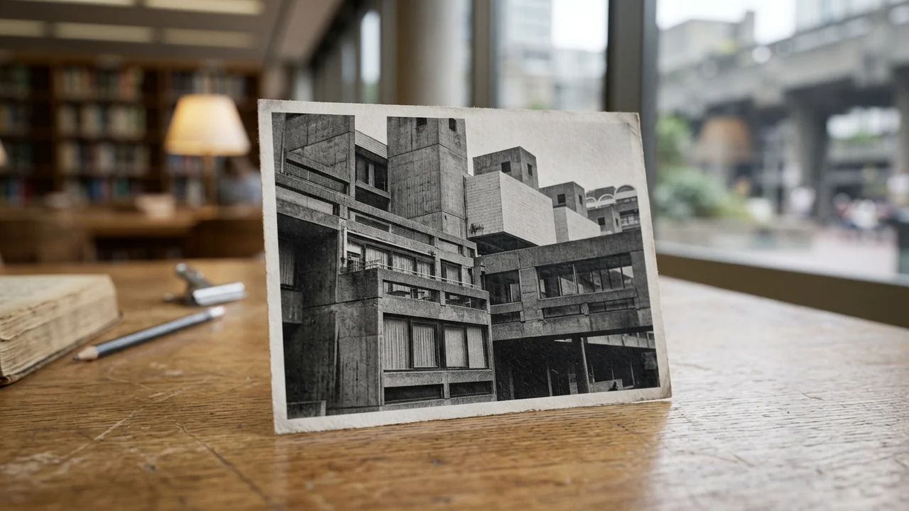 Une photographie en noir et blanc montrant l'architecture brutaliste sur une table en bois.