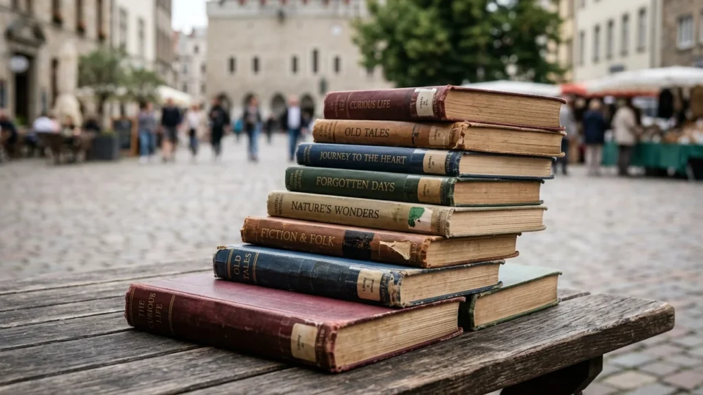 Une pile de livres anciens disposée en escalier sur une table en bois extérieur.