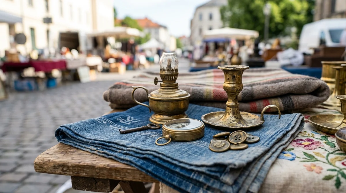 Objets anciens en laiton, une boussole et une clé posés sur un tissu bleu.
