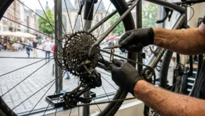 Un mécanicien portant des gants noirs répare la chaîne d'un vélo avec un outil spécialisé.