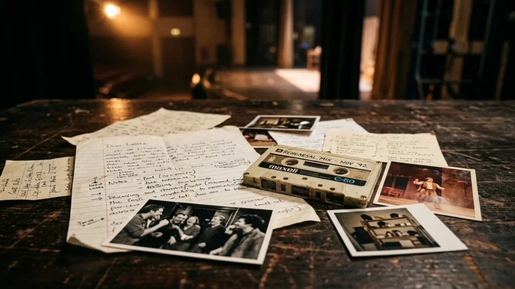 Une cassette audio Maxell posée sur des notes manuscrites et des photos vintage anciennes.