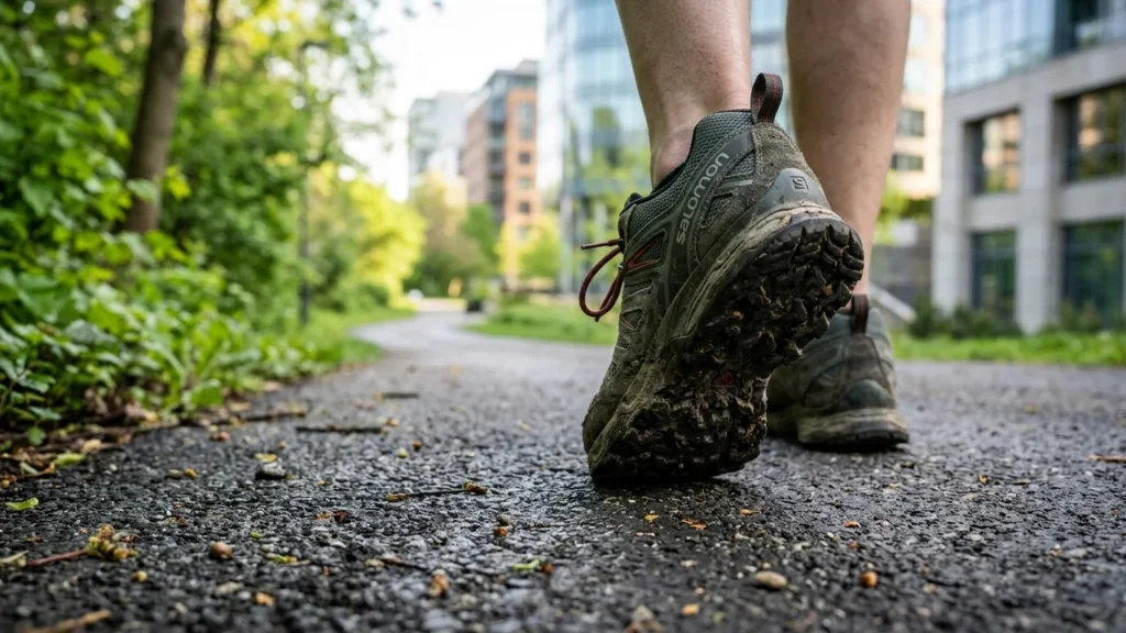 Gros plan sur une chaussure de randonnée boueuse marchant sur un sentier en gravier.