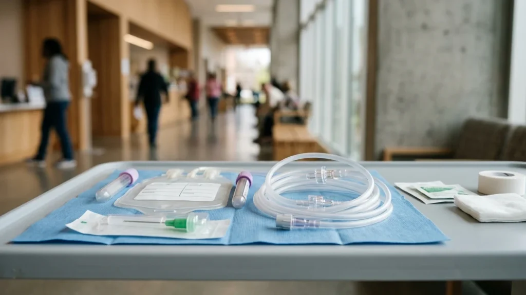 Plateau médical avec tubes de perfusion et flacons posé dans un couloir d'hôpital flou.