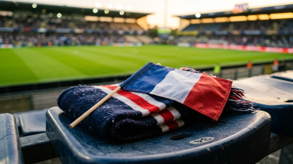 Un drapeau français et une écharpe de supporter posés sur un siège de stade.