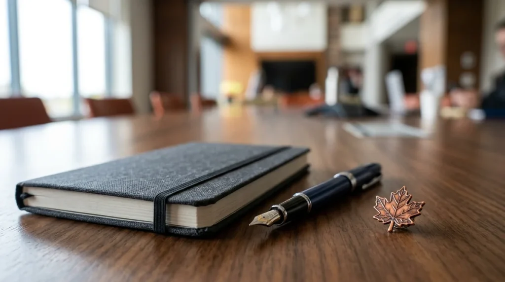 Un carnet gris avec un stylo plume et une épinglette feuille d'érable sur table.