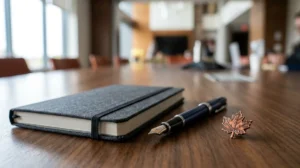Un carnet gris avec un stylo plume et une épinglette feuille d'érable sur table.