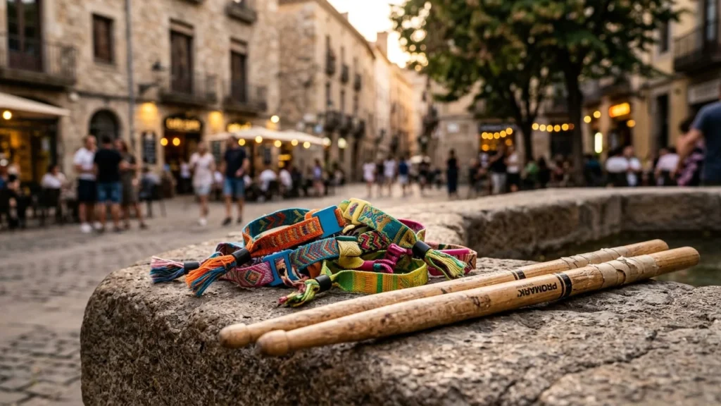 Des bracelets colorés et des baguettes de batterie posés sur un muret en pierre.