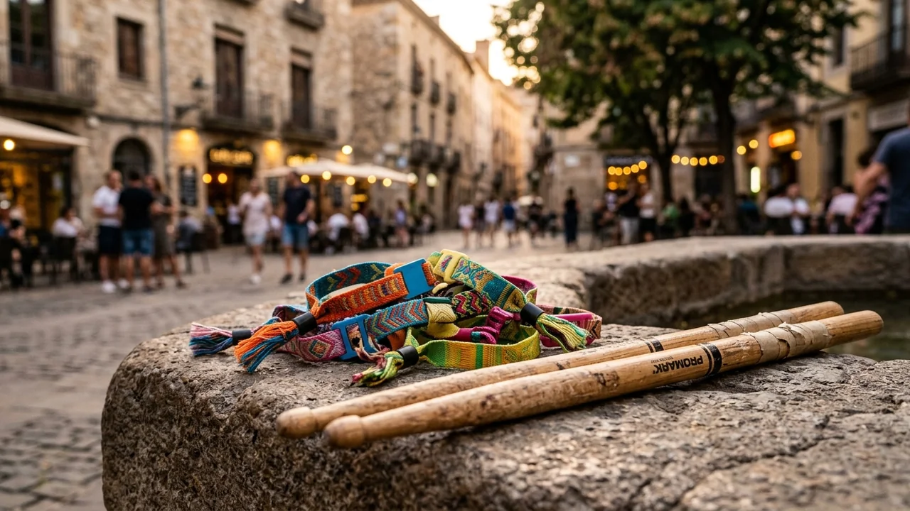 Des bracelets colorés et des baguettes de batterie posés sur un muret en pierre.