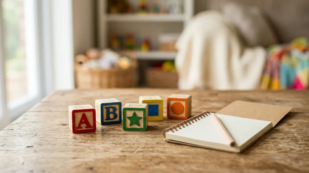 Des cubes en bois colorés avec des lettres et formes près d'un carnet ouvert.