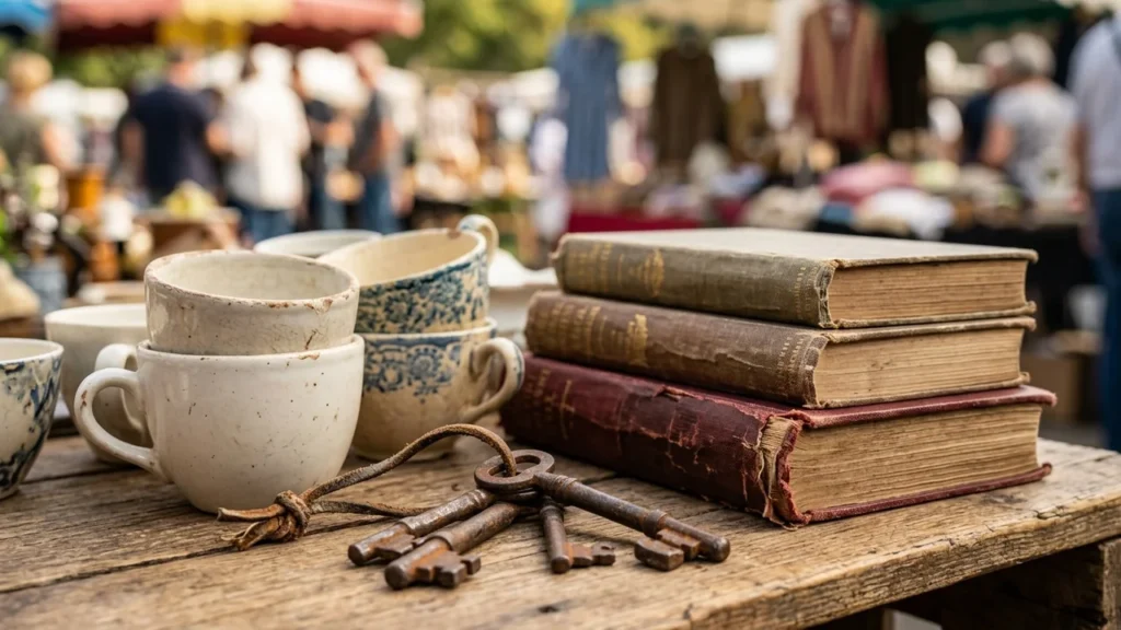 Trois vieux livres empilés à côté de tasses en céramique et de clés anciennes.
