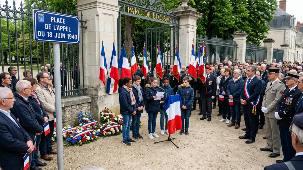 Des enfants lisent un discours lors d'une cérémonie officielle devant le Parc de Blossac.