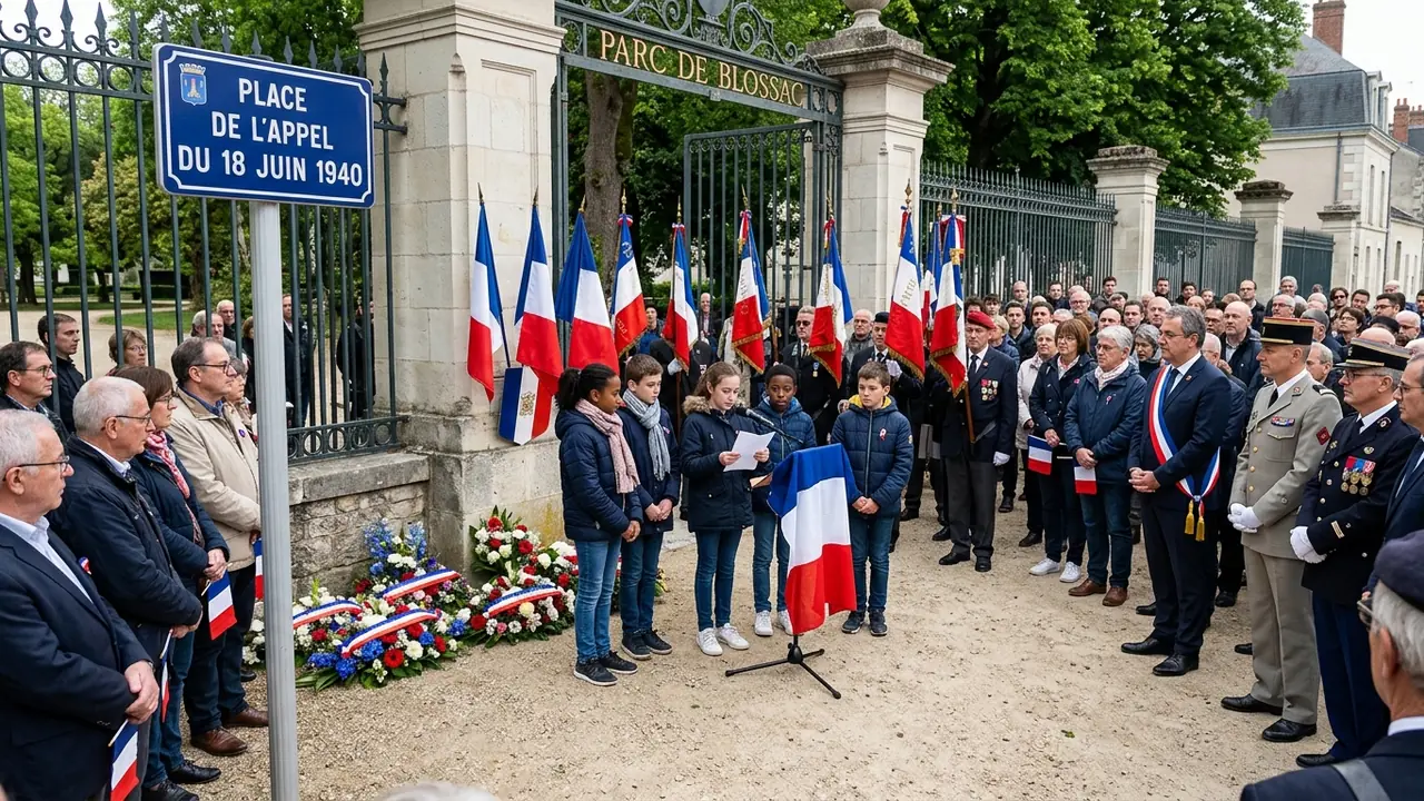 Des enfants lisent un discours lors d'une cérémonie officielle devant le Parc de Blossac.