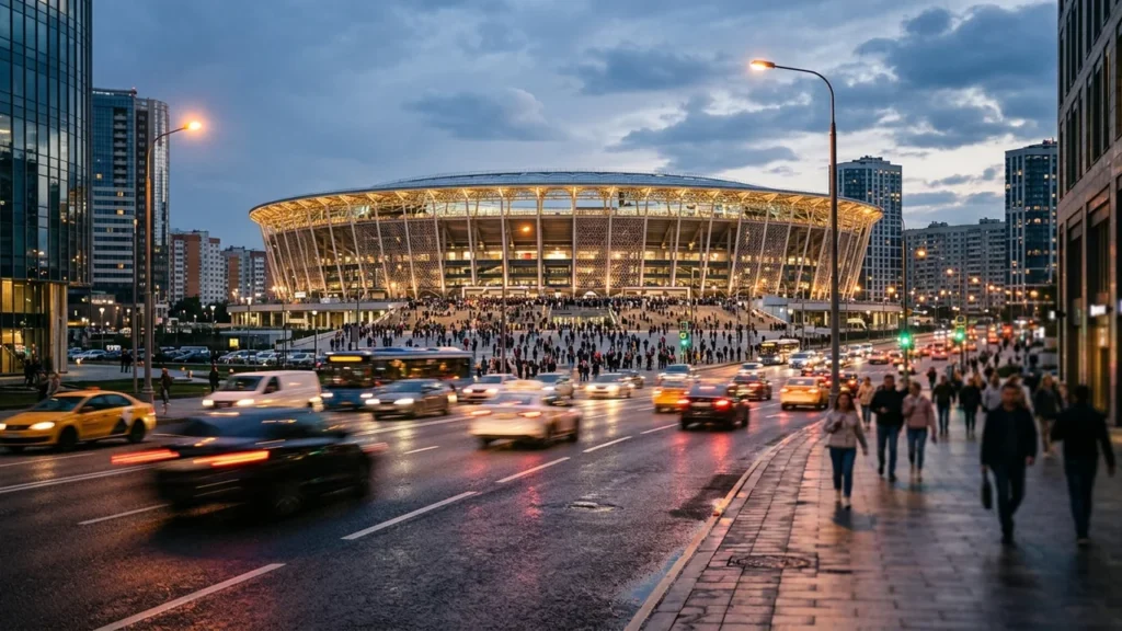 Une grande foule se dirige vers un stade illuminé dans une ville animée au crépuscule.