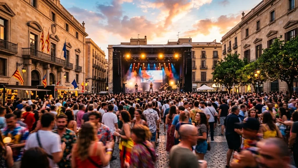 Une foule dense assiste à un concert en plein air devant une scène éclairée.
