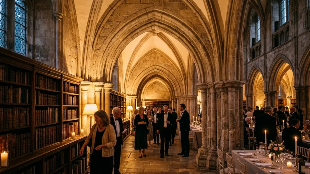 Des invités élégants circulent dans une bibliothèque historique voûtée avec de grandes étagères anciennes.