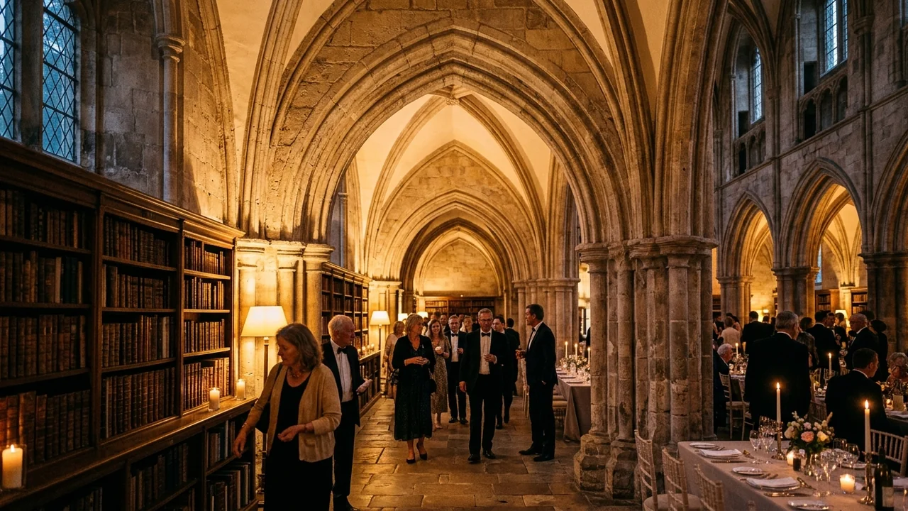 Des invités élégants circulent dans une bibliothèque historique voûtée avec de grandes étagères anciennes.