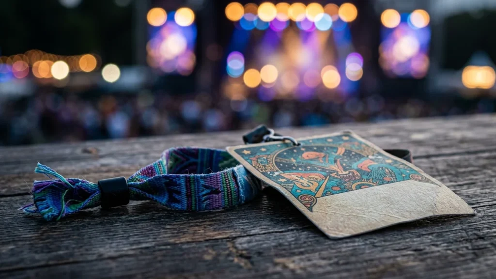 Un bracelet de festival coloré et un badge posés sur une table en bois.