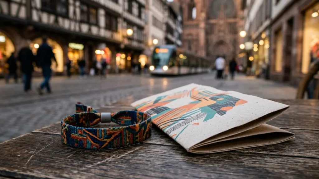 Bracelet et brochure colorée sur une table en bois dans une rue commerçante animée.