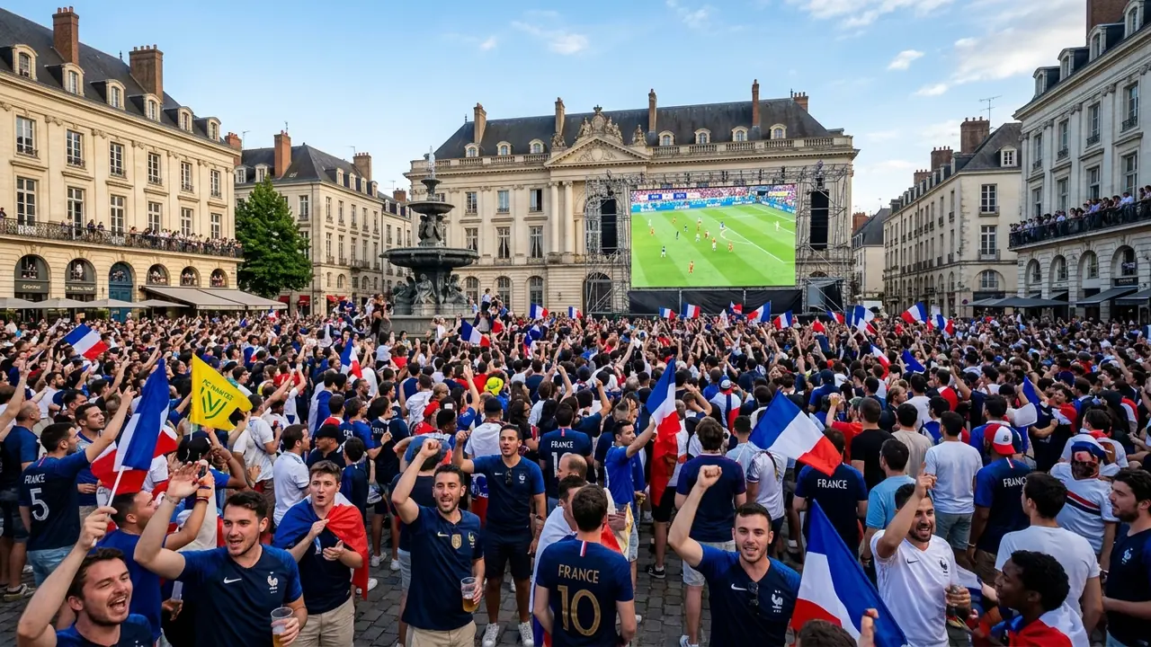 Une foule nombreuse regarde un match de football sur un écran géant place royale.