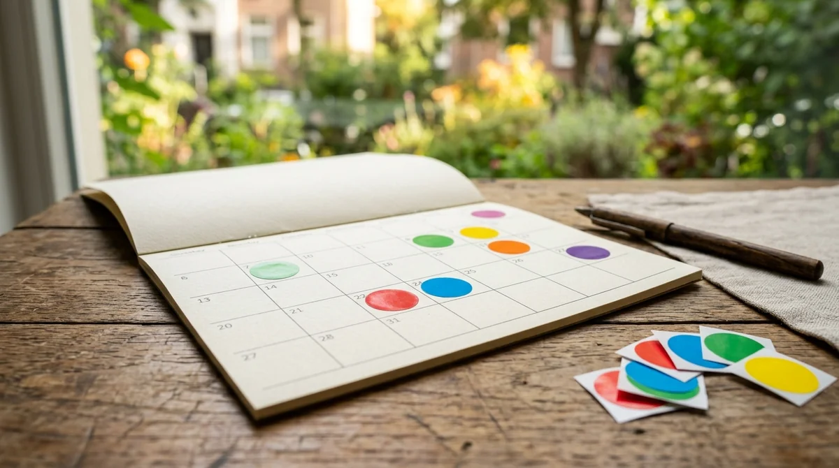 Un calendrier ouvert sur une table en bois avec des pastilles colorées autocollantes posées.