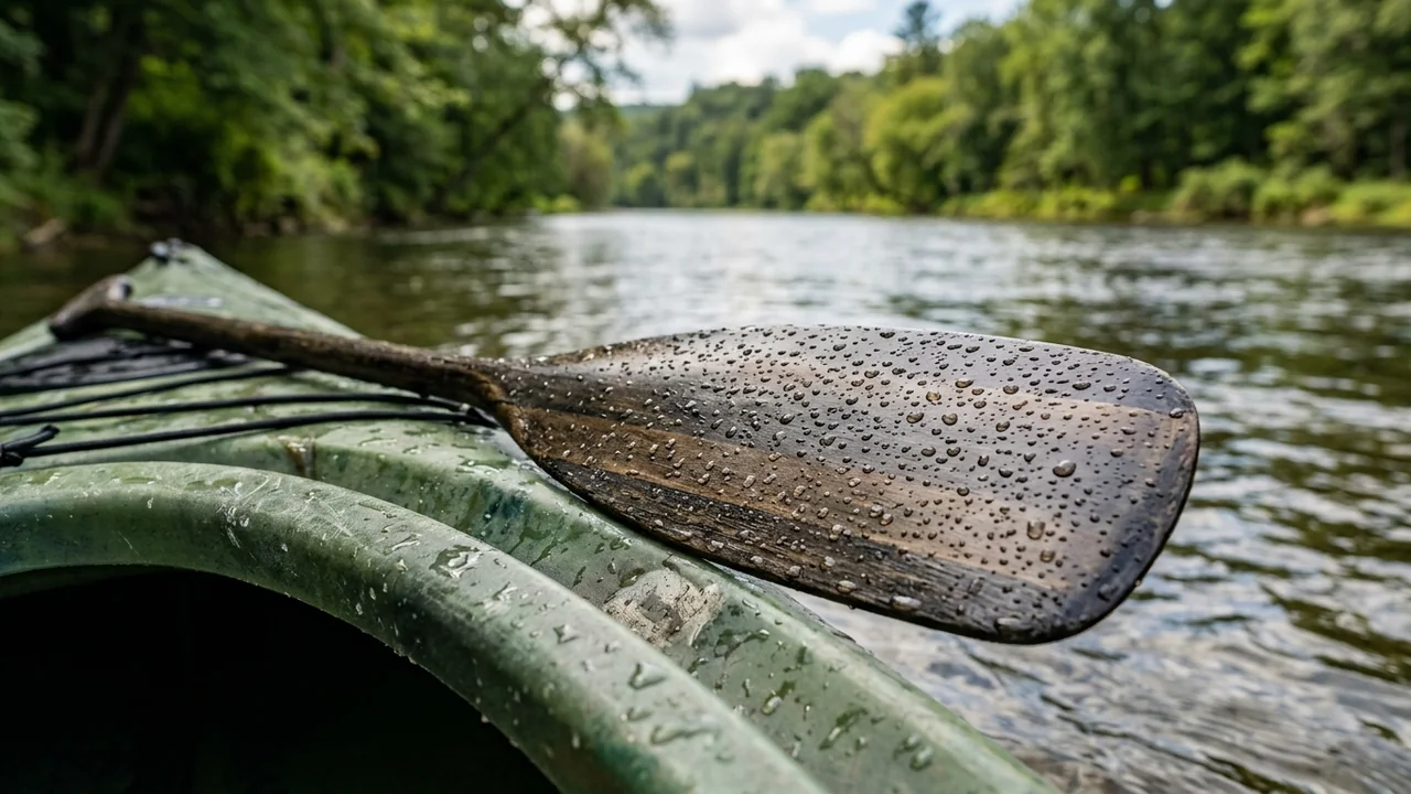 Une pagaie en bois mouillée posée sur un kayak vert sur une rivière boisée.